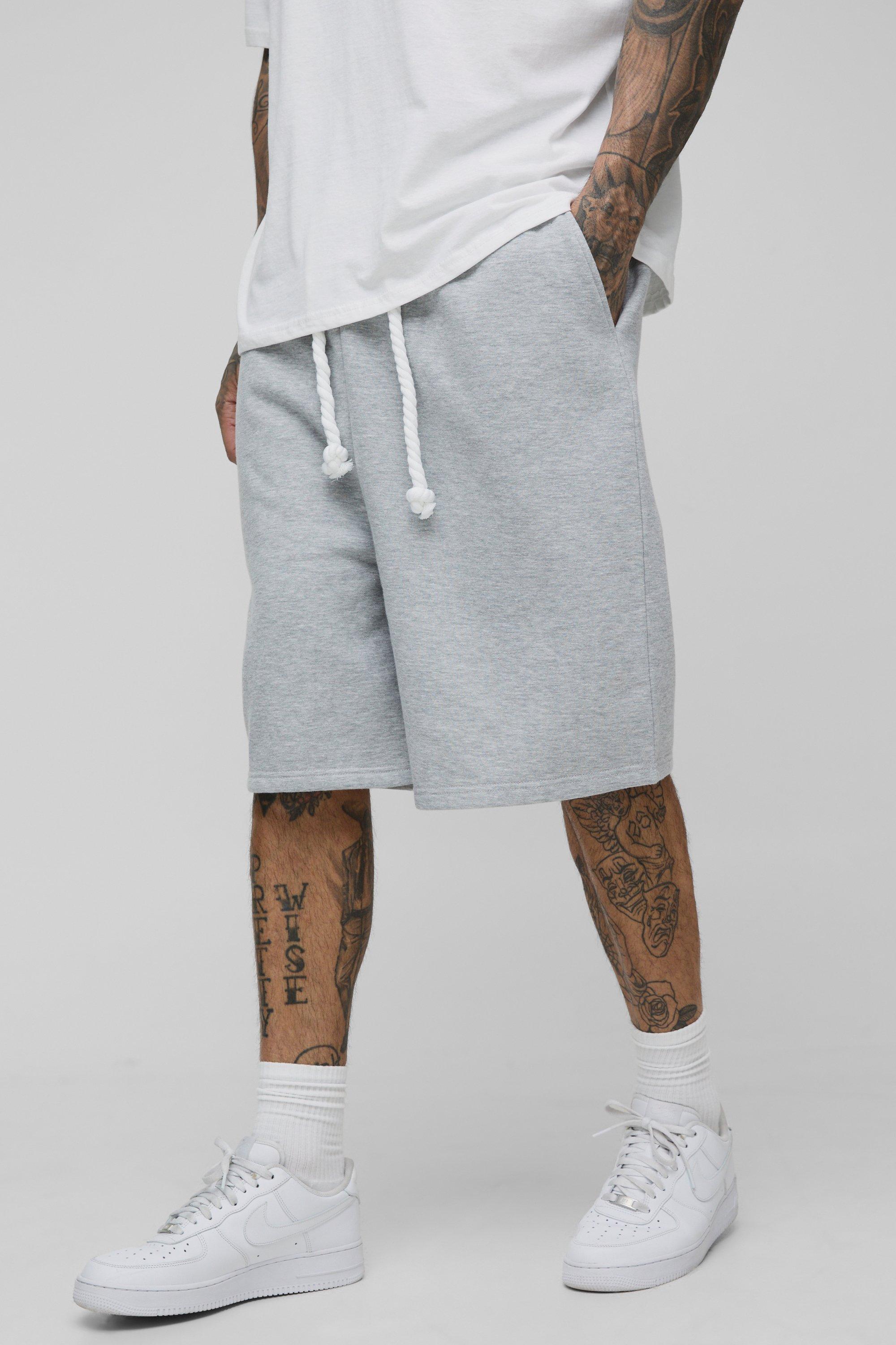 Mens Grey Tall Oversized Drop Crotch Rope Drawcord Shorts, Grey